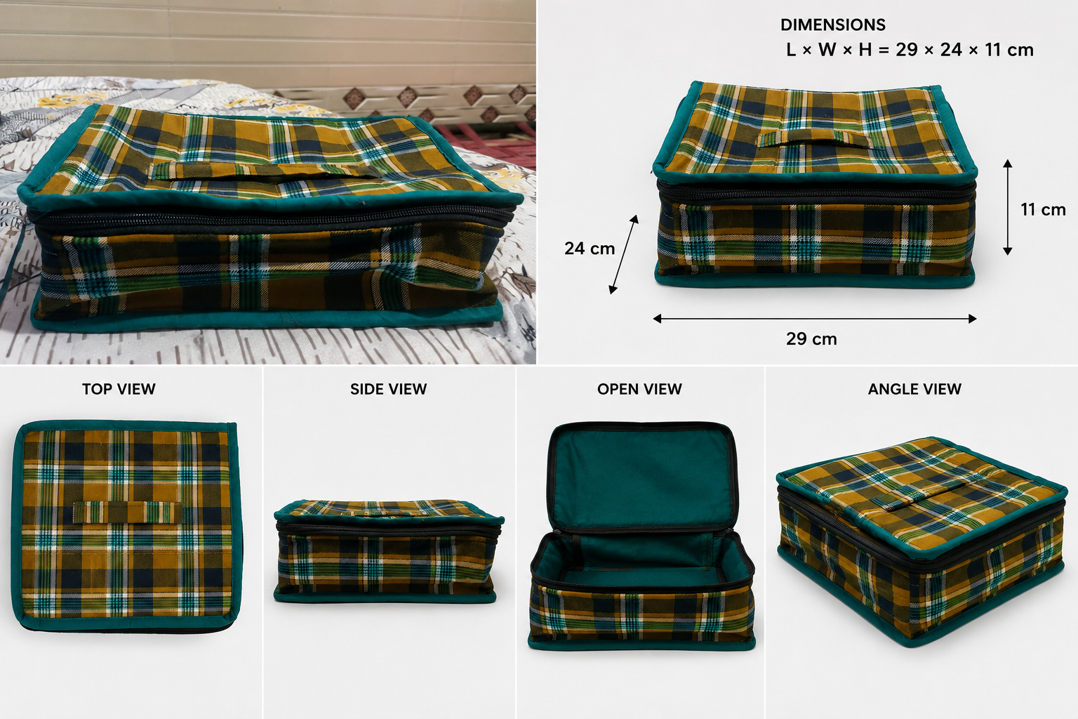 Premium Handmade Fabric Storage Bag | Multipurpose Organizer Kit with Zipper | Green Check Design