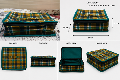 Premium Handmade Fabric Storage Bag | Multipurpose Organizer Kit with Zipper | Green Check Design