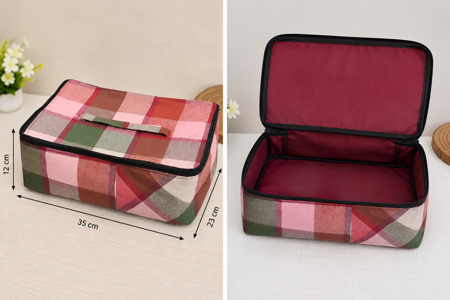 Premium Handmade Fabric Storage Bag | Multipurpose Organizer Kit with Zipper | Pink Check Design